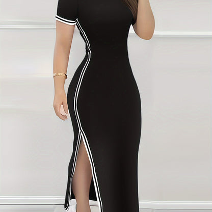 Contrast Trim Split Hem Bodycon Dress, Elegant Crew Neck Short Sleeve Dress For Spring & Summer, Women's Clothing