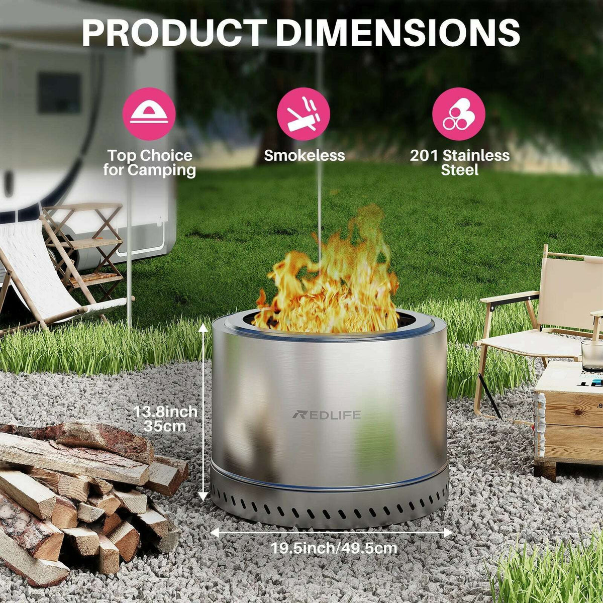 19.5'' Smokeless Fire Pit, Outdoor Stainless Steel Firepit with Carry Bag, Wood Burning Portable Fireplaces for Camping Bonfire