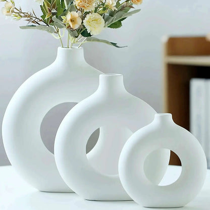 1pc, White/Beige Ceramic Vase  Vases For Decor, Modern Home Decor Vase, Boho Vases For Decor, Circle Vase, Round Vase, Donut Vas
