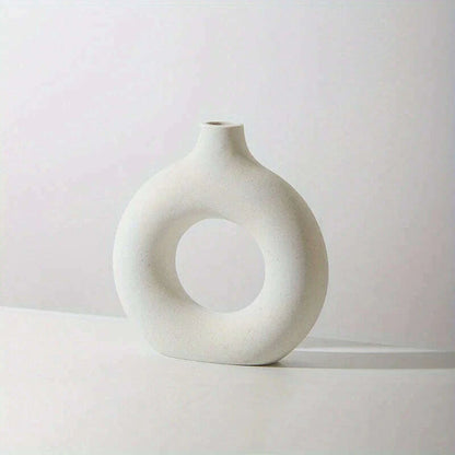 1pc, White/Beige Ceramic Vase  Vases For Decor, Modern Home Decor Vase, Boho Vases For Decor, Circle Vase, Round Vase, Donut Vas