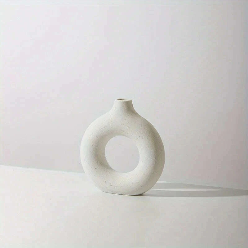 1pc, White/Beige Ceramic Vase  Vases For Decor, Modern Home Decor Vase, Boho Vases For Decor, Circle Vase, Round Vase, Donut Vas