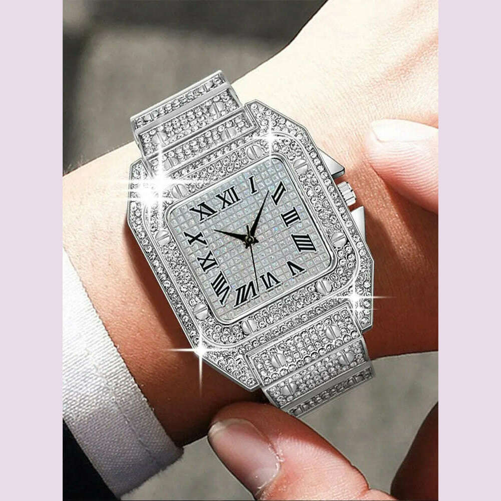 1pcs Fashion Business Calendar Men's Full Diamond Black Steel Band Quartz Watch