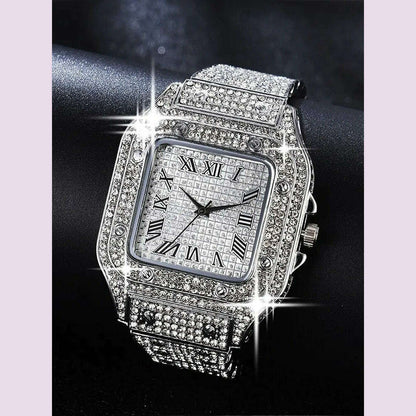 1pcs Fashion Business Calendar Men's Full Diamond Black Steel Band Quartz Watch