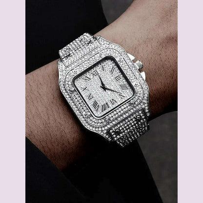 1pcs Fashion Business Calendar Men's Full Diamond Black Steel Band Quartz Watch