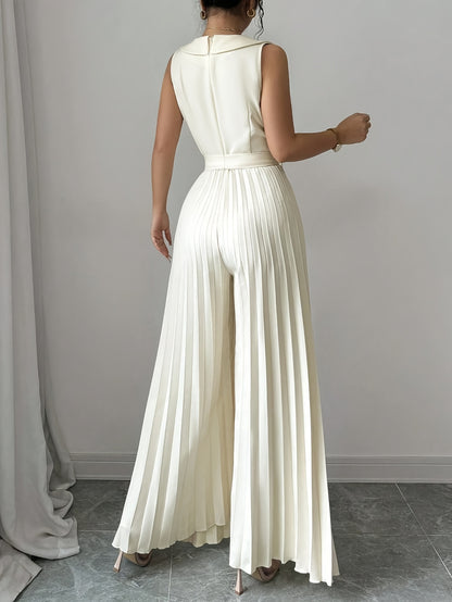 Women'S Elegant Double-Breasted Jumpsuit - Beige/Neutral Tones, Structured Formal & Casual Outfit with Belted Waist, Office Party Wedding Attire for Spring/Fall Seasons, Spring Fashion, Classic Silhouette, Polished Finish, Ve