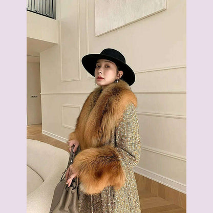 2022 Winter New Long Fur Coat Women's Fox Fur Large Fur Collar Tweed Coat