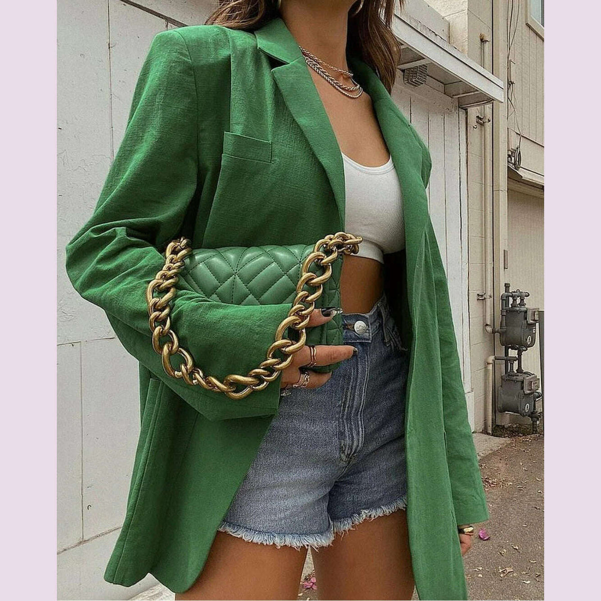 2023 Fashion Autumn Solid Shoulder Pads Blazer For Women Casual Long Sleeve Single-Breasted Loose Coat Tops Female Green Outwear
