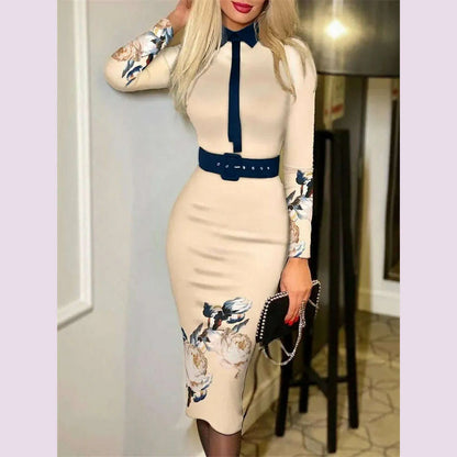 2023 New Dresses For Women Houndstooth Print Long Sleeve Tie Detail Work Dress With Belt Y2k Vestidos Office Lady Elegant Midi