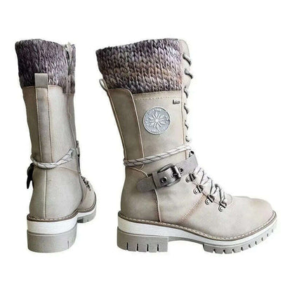 2023 Women Winter Buckle Lace Knitted Mid-calf Boots Low Heel Round Toe Boots Top Quality Winter Warm Boots Women Botas De Mujer
