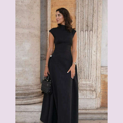 2024 Chic Solid Slanted Collar Pleated A-line Maxi Dress Women's Elegant Sleeveless High Waist Slim Dresses Female Evening Robes