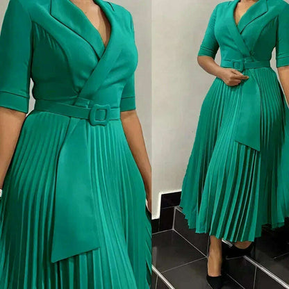 2024 Dashiki African Dresses for Women Autumn Elegant Half Sleeve V-neck Polyester Pleat Dress Ankara Dresses African Clothes