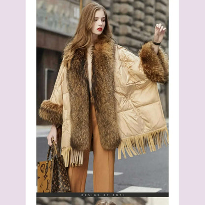 2024 European White Goose Down Down Coat Trend Fashion American Women Winter Jacket Real Raccoon Fur Streetwear Fashion Cloak