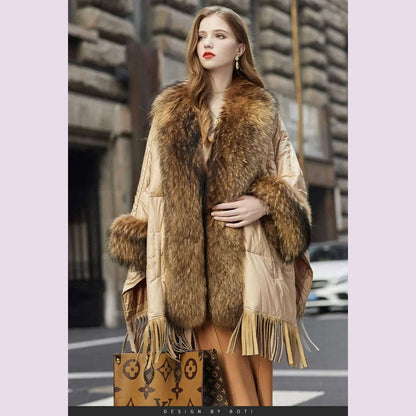 2024 European White Goose Down Down Coat Trend Fashion American Women Winter Jacket Real Raccoon Fur Streetwear Fashion Cloak