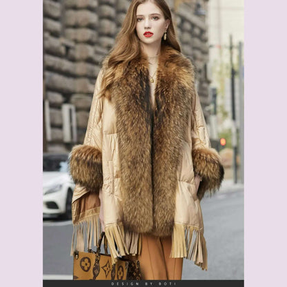 2024 European White Goose Down Down Coat Trend Fashion American Women Winter Jacket Real Raccoon Fur Streetwear Fashion Cloak