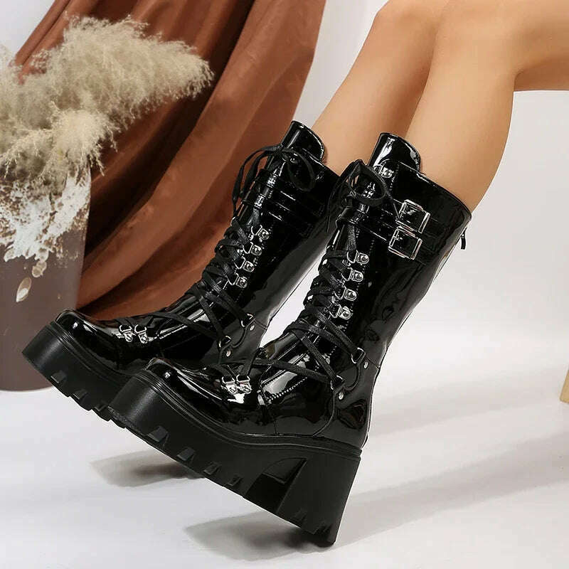 2024 New Punk Motorcycle Boots Women Patent Leather Wedges Platform Mid Calf Boots Woman Lace-Up Chunky Heel Gothic Botas Mujer