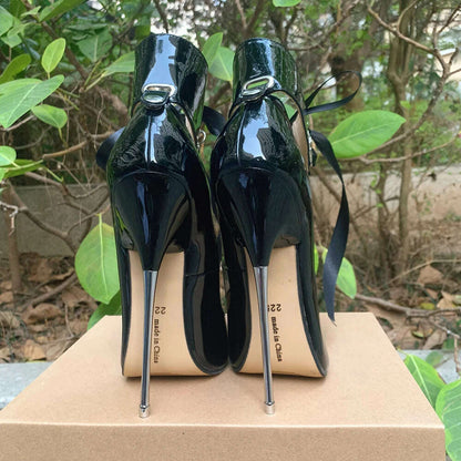2024 Newly Riband Ankle Strap 16cm Pumps Extreme High Heels Lace Up Bow Fetish Cosplay Drag Queen Cross Dresser Unisex Shoes