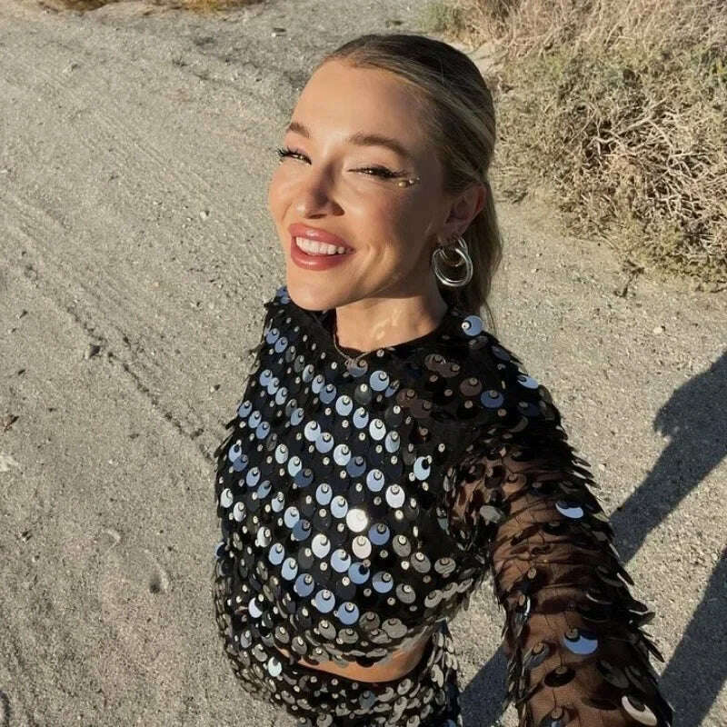 2024 Spring Summer New Dress Women's Fashion Solid Color Sequined Flare Sleeve Dress Women's Sexy O-Neck Irregular Mini Dress