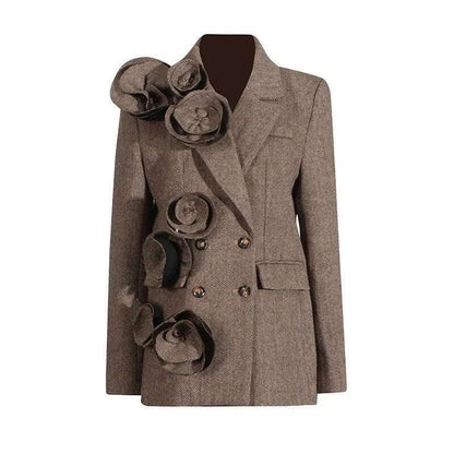 2025 Spring New Elegant Commuting Style Handmade Embroidered Flower Decoration Spliced Double Row Button Women's Suit Jacket