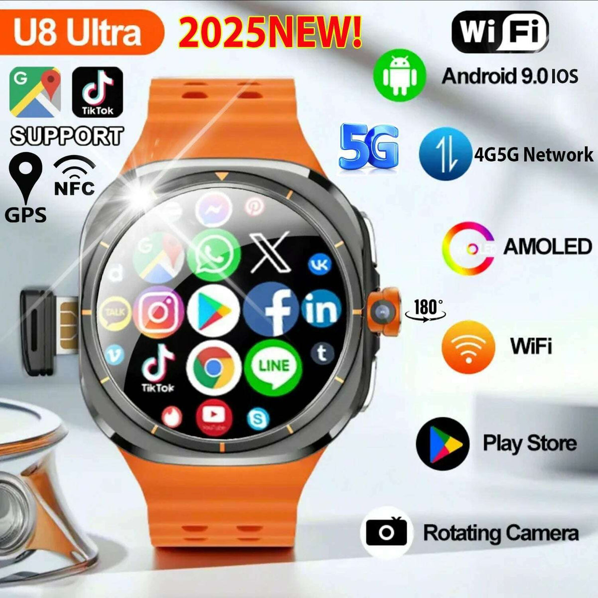 2025New U8 Ultra AMOLED Android 9.0 Smart Watch Men Women Galaxy Watch 7 Ultra 4G 5G SIM Card WiFi GPS NFC Camera Sport Watches