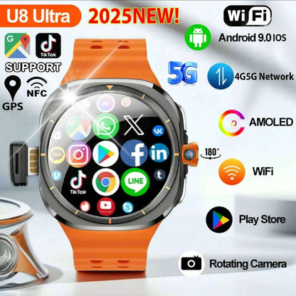 2025New U8 Ultra AMOLED Android 9.0 Smart Watch Men Women Galaxy Watch 7 Ultra 4G 5G SIM Card WiFi GPS NFC Camera Sport Watches