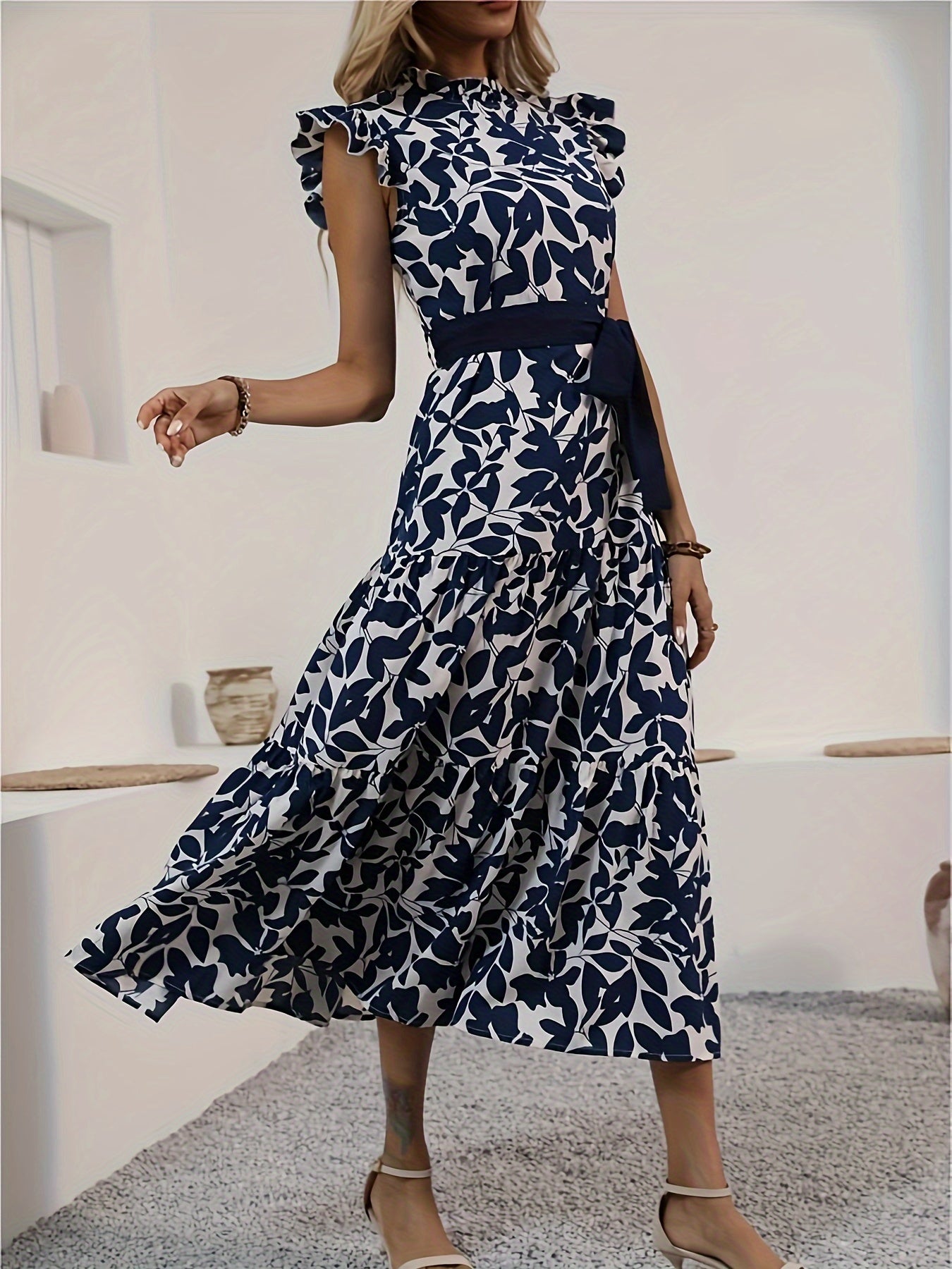 Stunning Floral Print Fit and Flare Dress - Elegant Contrast Collar, Belted Waist, Polyester Material, Random Printing, Middle East Style, Perfect for Summer - Womens Clothing for Adult