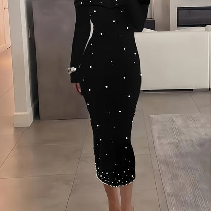 Beaded Decor Off Shoulder Dress, Elegant Long Sleeve Backless Slim Bodycon Dress, Women's Clothing