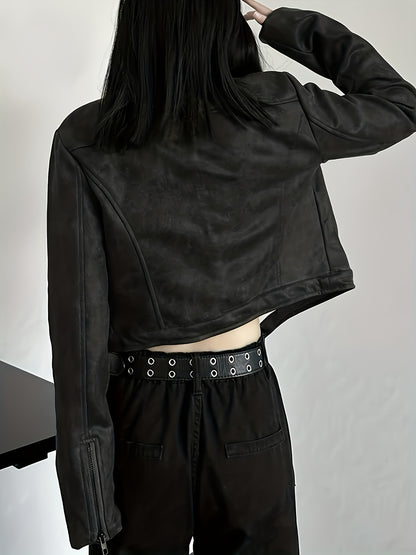 Women's Elegant Gothic Full-Zip Jacket with Full-Zip Front Closure, Full-Length Zipper & Stand Collar - Heavy-Duty Winter Outerwear, Machine Washable Black -like Texture Coat for Fall/Winter, Casual & Formal Outfits, Retro Zi