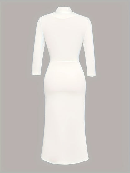 Elegant Women'S Bodycon Dress - Long Sleeve V-Neck with Belt, High-Low Hem, Stretchy Polyester Blend, Solid Color, Perfect for All Seasons, Versatile Fashion | Belted Waist Dress | Glossy Texture