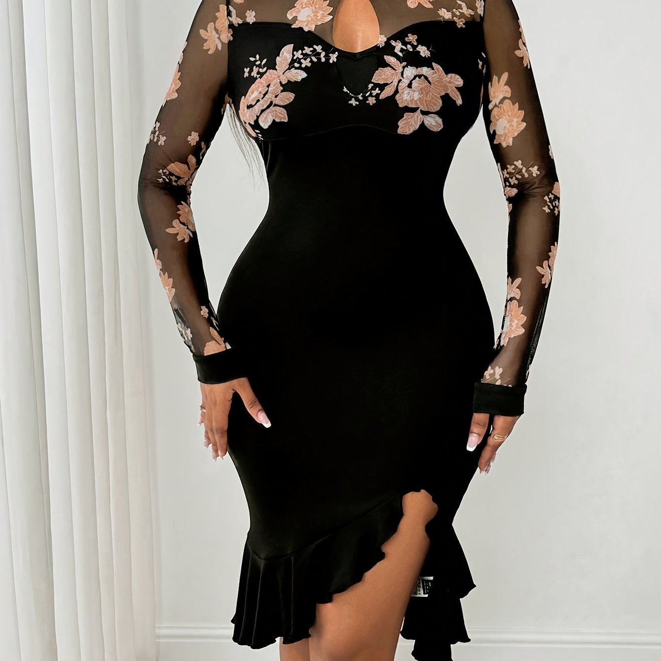 [Floral Ruffle Bodycon Dress] Long Sleeve Black Floral Mesh Panel Ruffle Asymmetrical Hem Bodycon Dress - Machine Washable, Polyester Blend, Party Attire