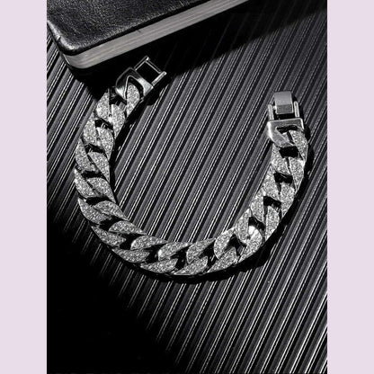 2pcs Stylish Shiny Full Diamond MEN'S Large Dial Steel Band Quartz Watch with Diamond Inlaid Chain Bracelet Set
