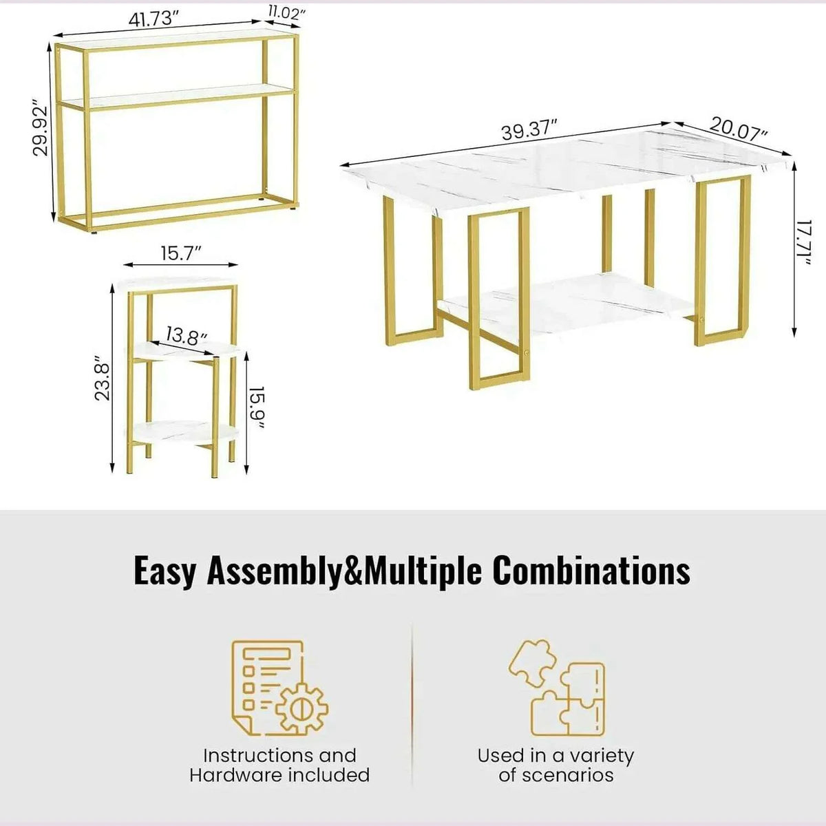3 Pieces Modern Coffee Set, with End Table and Console Table, Contemporary Faux Marble Living Room Table Sets, White&Gold