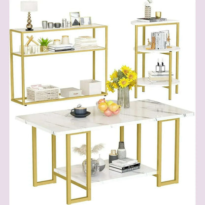 3 Pieces Modern Coffee Set, with End Table and Console Table, Contemporary Faux Marble Living Room Table Sets, White&Gold