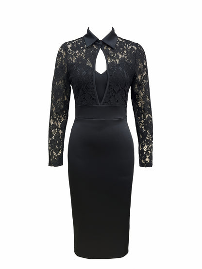[Elegant Bodycon Dress] Elegant Black Lace-Trimmed Bodycon Midi Dress | Chic Comfort - Stretchy Polyester Blend, Machine Washable, Long Sleeves, Chic Office-Style Attire for Women