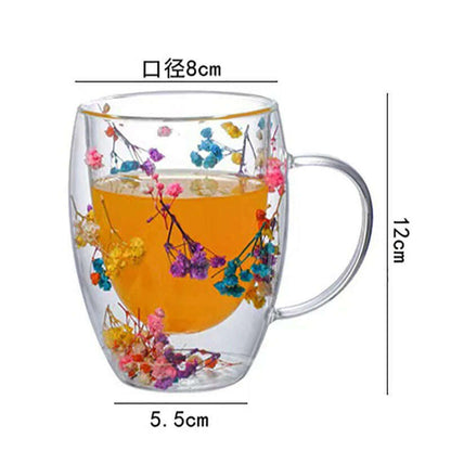 350ml Double Wall Coffee Mug With Handles Clear Milk Cups Gifts Glass Cup Fill Artificial Simulation Flowers Teacup