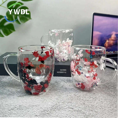 350ml Double Wall Coffee Mug With Handles Clear Milk Cups Gifts Glass Cup Fill Artificial Simulation Flowers Teacup
