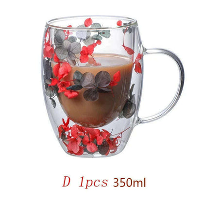 350ml Double Wall Coffee Mug With Handles Clear Milk Cups Gifts Glass Cup Fill Artificial Simulation Flowers Teacup
