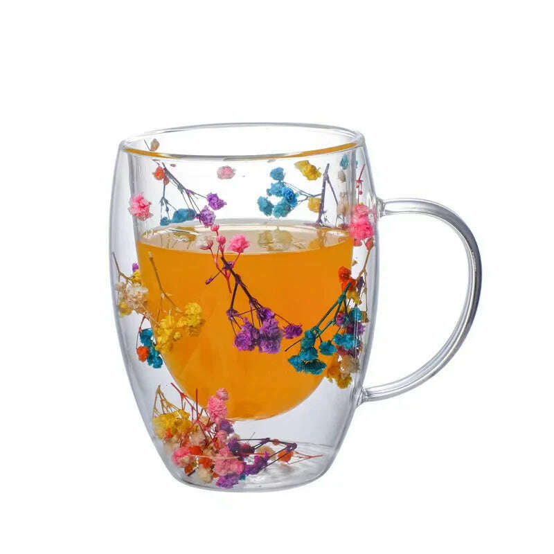 350ml Double Wall Coffee Mug With Handles Clear Milk Cups Gifts Glass Cup Fill Artificial Simulation Flowers Teacup