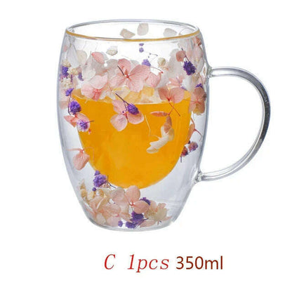 350ml Double Wall Coffee Mug With Handles Clear Milk Cups Gifts Glass Cup Fill Artificial Simulation Flowers Teacup