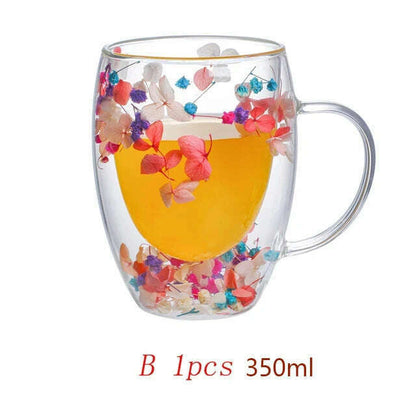 350ml Double Wall Coffee Mug With Handles Clear Milk Cups Gifts Glass Cup Fill Artificial Simulation Flowers Teacup