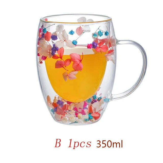 350ml Double Wall Coffee Mug With Handles Clear Milk Cups Gifts Glass Cup Fill Artificial Simulation Flowers Teacup