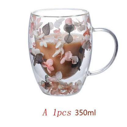 350ml Double Wall Coffee Mug With Handles Clear Milk Cups Gifts Glass Cup Fill Artificial Simulation Flowers Teacup