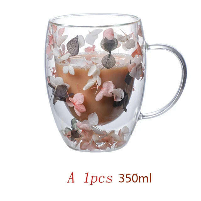 350ml Double Wall Coffee Mug With Handles Clear Milk Cups Gifts Glass Cup Fill Artificial Simulation Flowers Teacup