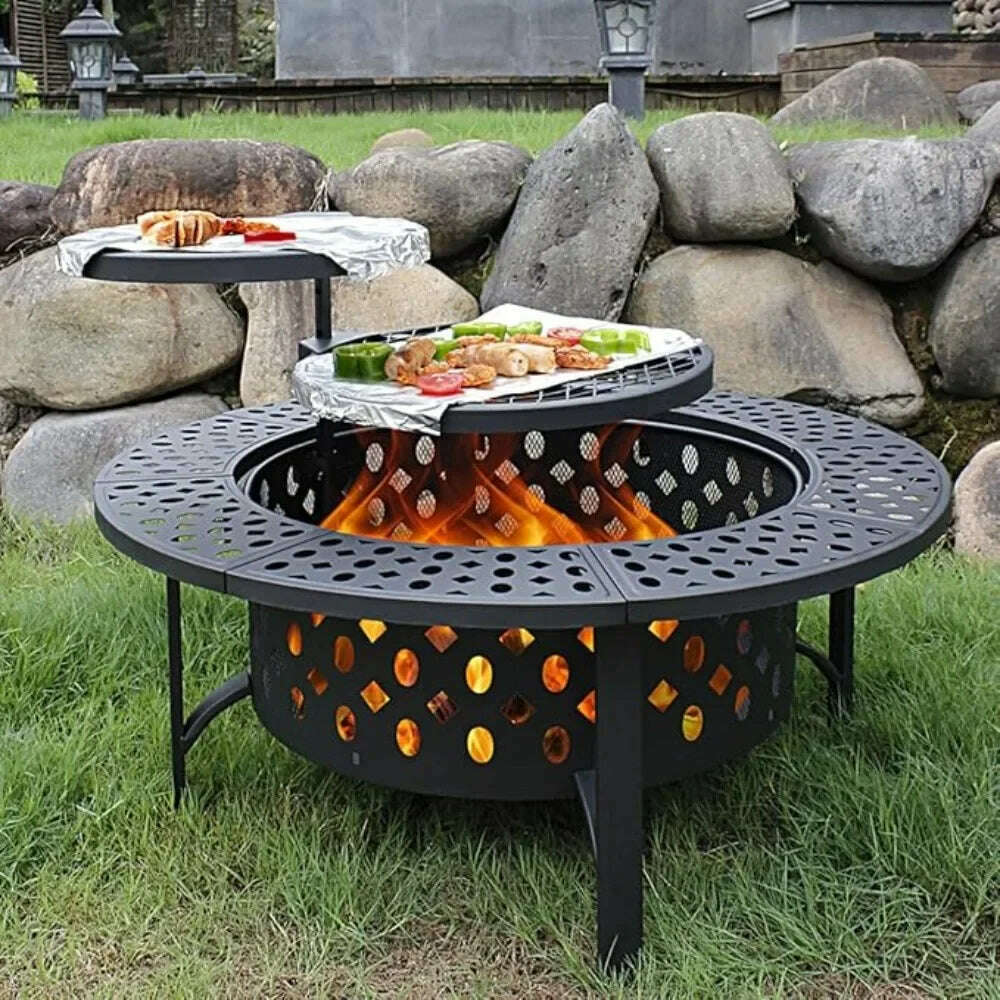 36 Inch Three in One Fire Pit with 2 Grills, Outdoor Wood Burning Fire Pit with Cover, Matchstick, and Circular Waterproof Cover