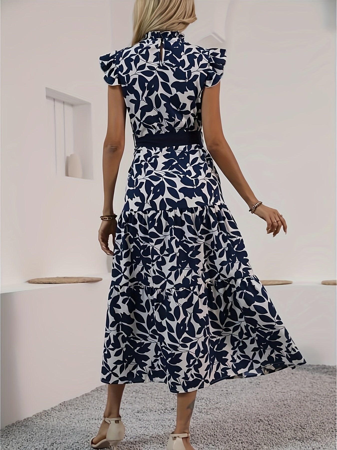 Stunning Floral Print Fit and Flare Dress - Elegant Contrast Collar, Belted Waist, Polyester Material, Random Printing, Middle East Style, Perfect for Summer - Womens Clothing for Adult