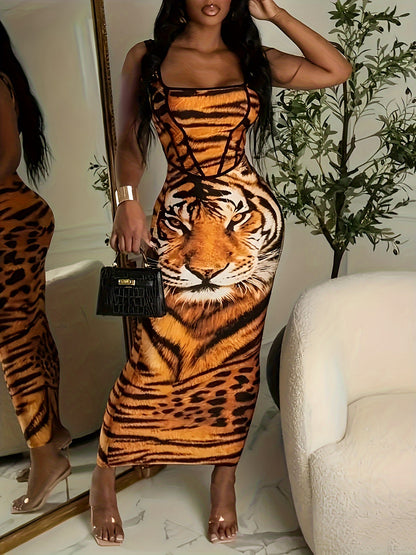 Flirty Tiger Print Cami Dress - Lightweight & Form-Fitting - Perfect for Spring & Summer - Trendy Womens Sleeveless Bodycon Dress