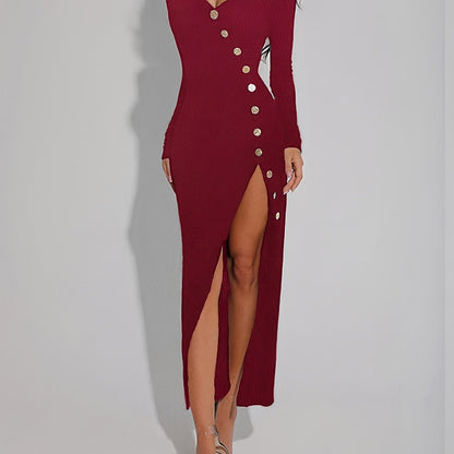 Elegant V-Neck Long Sleeve Bodycon Dress with Faux Button Detail - Stretchy Polyester Blend, Machine Washable - Perfect for Fall
