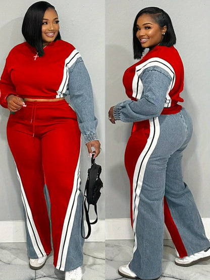 Women's Brown Color - Block Sweatshirt and Wide - Leg Pants Set with White Stripes, Two Piece Set Women Outfits, Women Two Piece Outfits, Two Piece Outfits For Women, Co Ord Set Women, Womens Clothes, Track Suits Women Two Pi