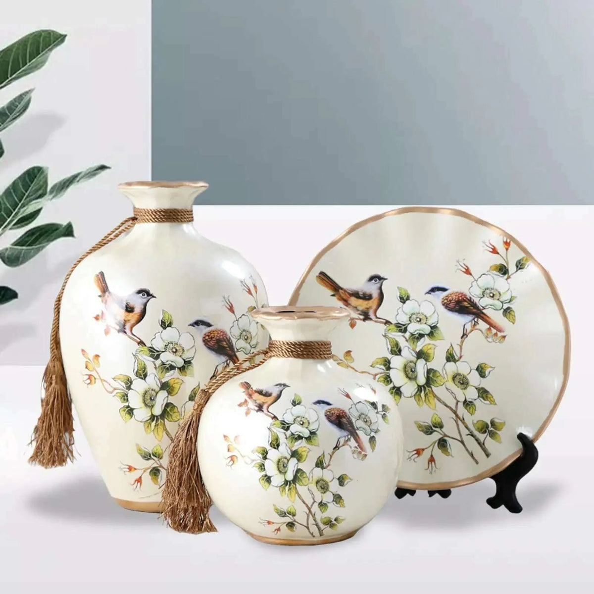 3x Chinese Style Ceramic Vases Bird Pattern Porcelain Vase for Farmhouse