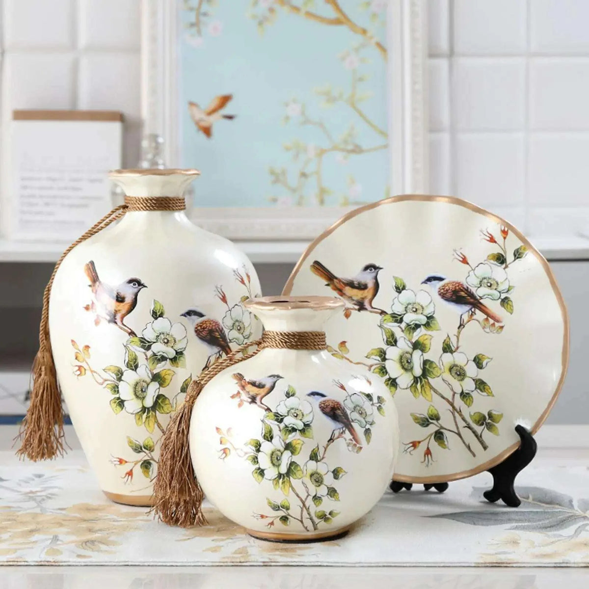 3x Chinese Style Ceramic Vases Bird Pattern Porcelain Vase for Farmhouse