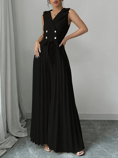 Women'S Elegant Double-Breasted Jumpsuit - Beige/Neutral Tones, Structured Formal & Casual Outfit with Belted Waist, Office Party Wedding Attire for Spring/Fall Seasons, Spring Fashion, Classic Silhouette, Polished Finish, Ve